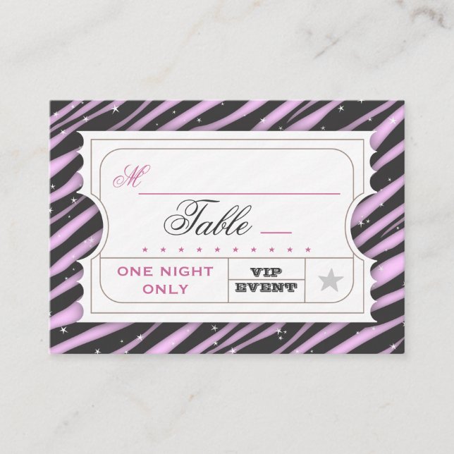 VIP Ticket Zebra Glam Purple Table Seating Cards (Front)