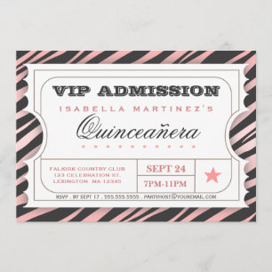 VIP Ticket Zebra Glam Quinceanera Birthday Party Invitation