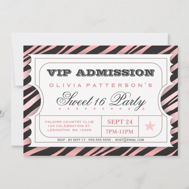 VIP Ticket Zebra Glam Sweet 16 Birthday Party Pink Invitation (Front)