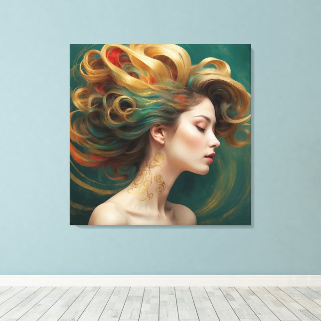 “Virelle” - Opulence in Emerald Waves Canvas Print (Insitu(Wood Floor))