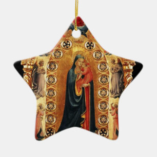 VIRGIN AND CHILD, ANGELS GOLD SACRED ART Red Ruby Ceramic Tree Decoration