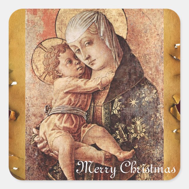 VIRGIN AND CHILD MERRY CHRISTMAS PARCHMENT SQUARE STICKER (Front)