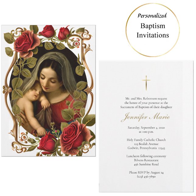 Virgin and Child Red Roses Roman Catholic Baptism  Invitation (Creator Uploaded)