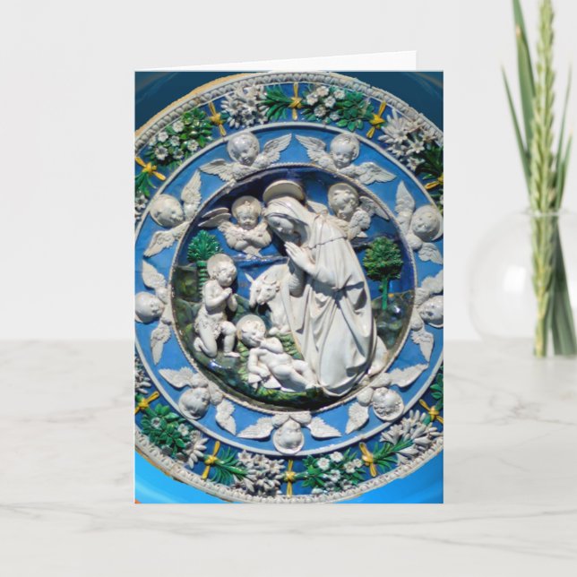 VIRGIN AND CHILD WITH ANGELS, Round Blue Sapphire Holiday Card (Front)
