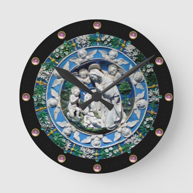 VIRGIN AND CHILD WITH ANGELS, Round Pink Gemstones Round Clock (Front)