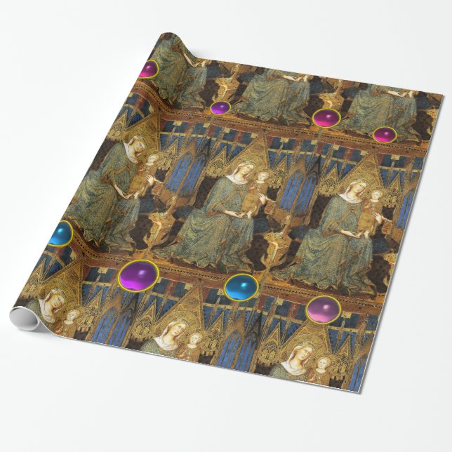 VIRGIN AND CHILD WITH BLUE ,PINK,PURPLE GEMSTONES WRAPPING PAPER (Unrolled)