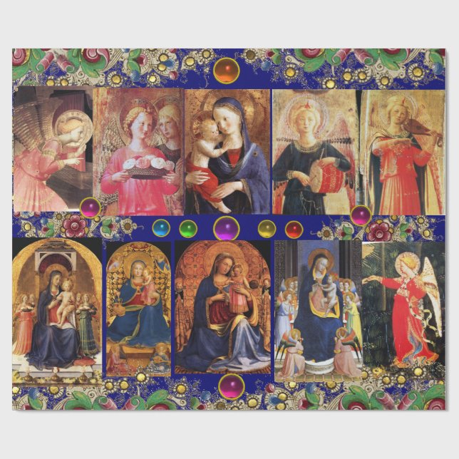 VIRGIN,CHILD AND ANGELS,Gold Blue Floral Christmas Wrapping Paper (Flat)