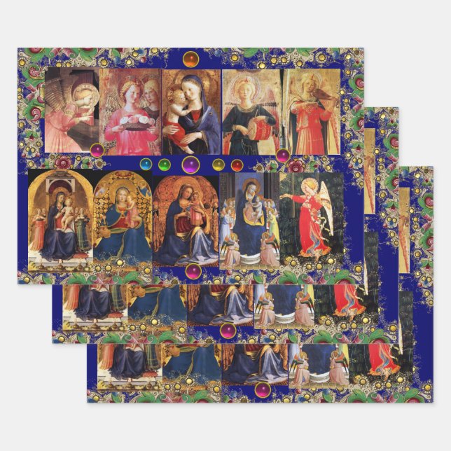 VIRGIN,CHILD AND ANGELS,Gold Blue Floral Christmas Wrapping Paper Sheet (Set)