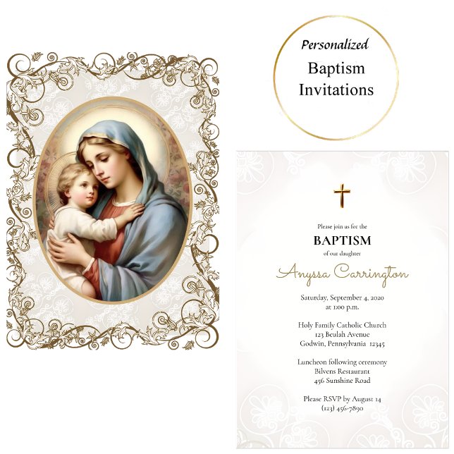 Virgin & Child Ornate Gold Frame Catholic Baptism  Invitation (Creator Uploaded)