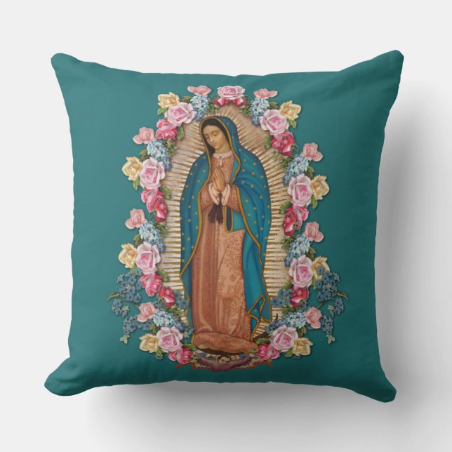 Virgin Guadalupe Catholic Religious Roses  Cushion (Front)