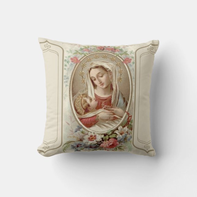 Virgin Madonna Mary with Christ Child Jesus Roses Cushion (Front)