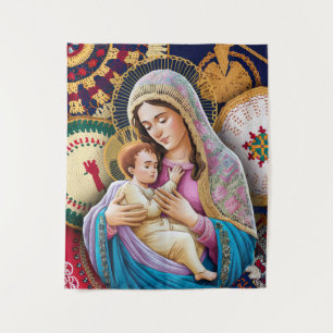 Virgin Mary and Baby Jesus in Embroidered Textiles Tapestry