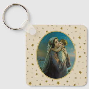 Virgin Mary and Baby Jesus on Starry Background Key Ring