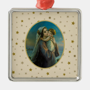 Virgin Mary and Baby Jesus on Starry Background Metal Tree Decoration