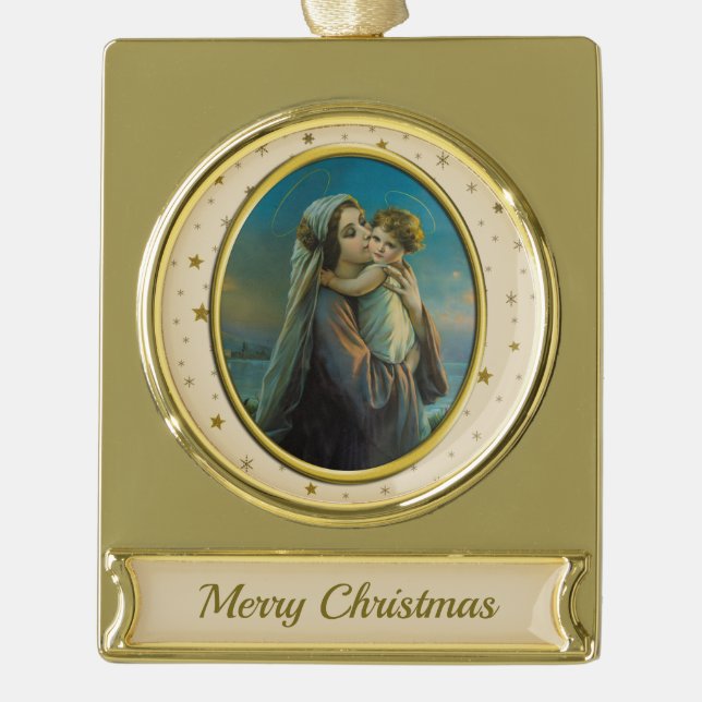Virgin Mary and Baby Jesus on Starry Christmas Gold Plated Banner Ornament (Front)