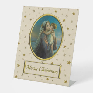 Virgin Mary and Baby Jesus on Starry Christmas Pedestal Sign
