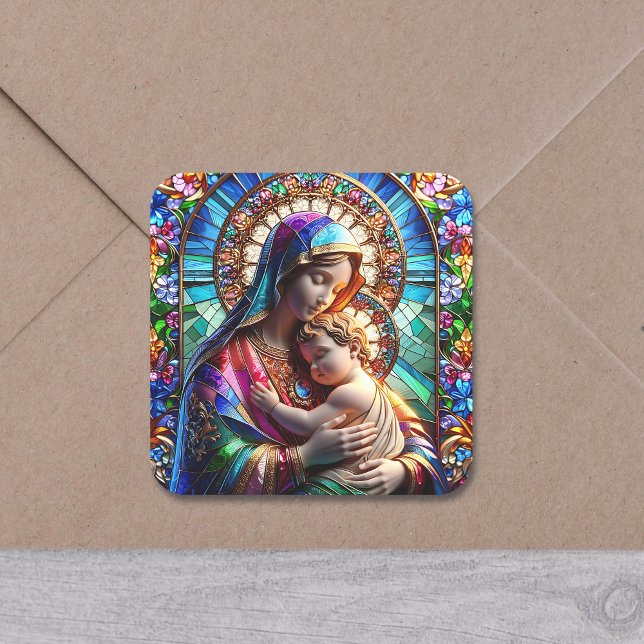 Virgin Mary and Baby Jesus Stained Glass Square Sticker (Creator Uploaded)