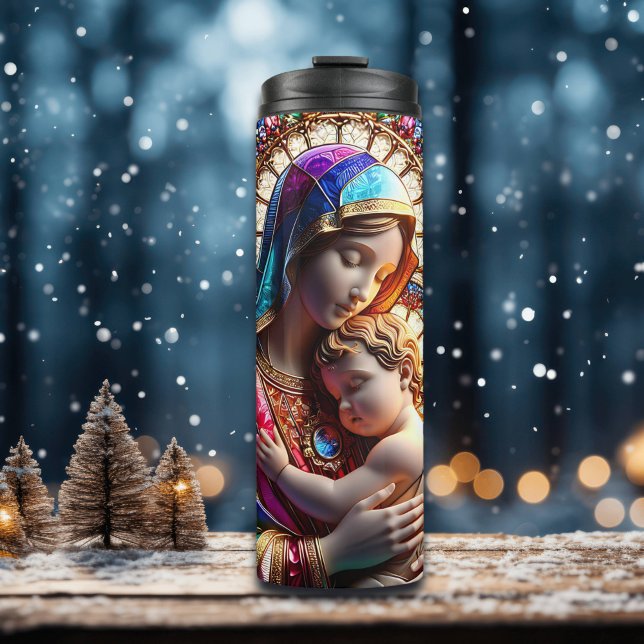 Virgin Mary and Baby Jesus Stained Glass Thermal Tumbler (Creator Uploaded)