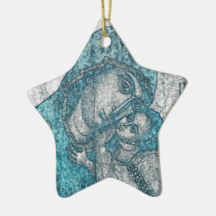 Virgin Mary Baby Jesus Angel Portrait Vintage Blue Ceramic Tree Decoration