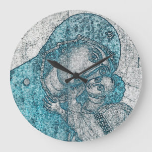 Virgin Mary Baby Jesus Angel Portrait Vintage Blue Large Clock