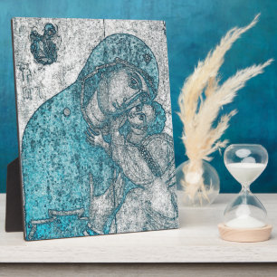 Virgin Mary Baby Jesus Angel Portrait Vintage Blue Plaque