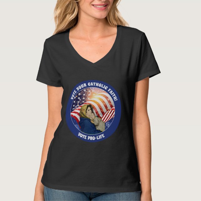 Virgin Mary Baby Jesus Prolife American Flag Butto T-Shirt (Front)