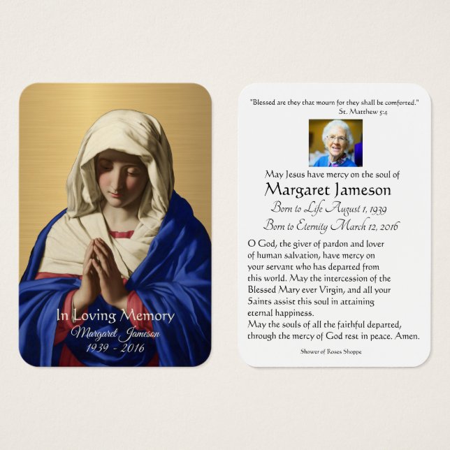 Virgin Mary Catholic Funeral Memorial Holy Card - (Front & Back)