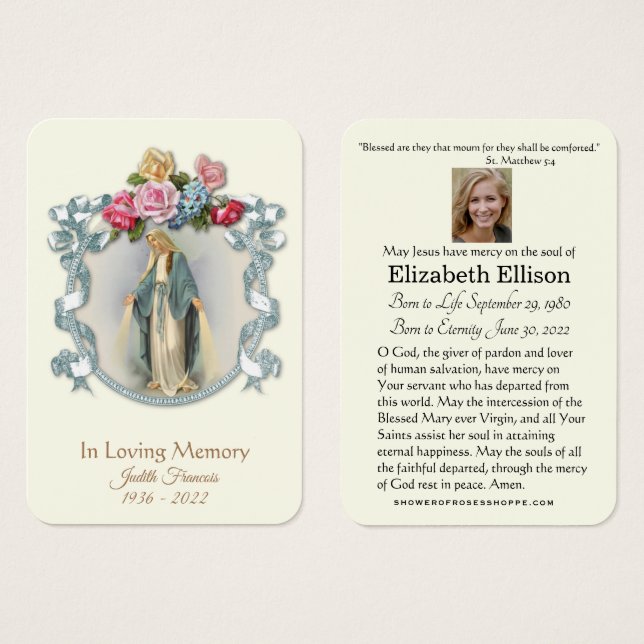 Virgin Mary Catholic Funeral Memorial Holy Card - (Front & Back)