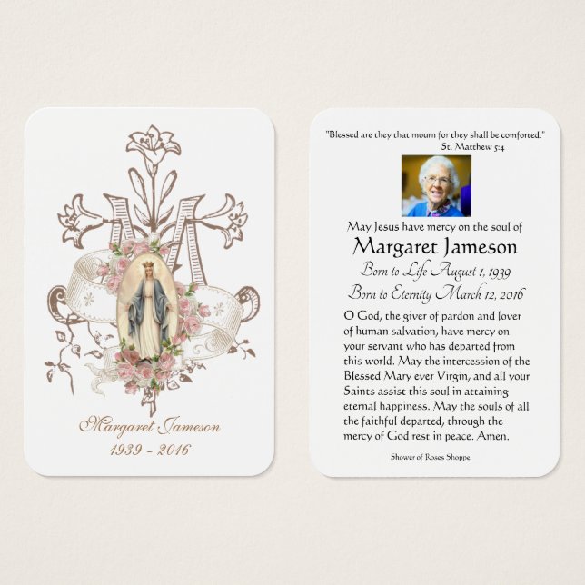 Virgin Mary Catholic Funeral Memorial Holy Card - (Front & Back)