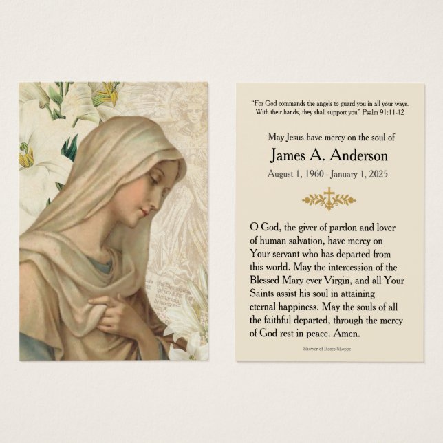 Virgin Mary Catholic Funeral Memorial Holy Card - (Front & Back)
