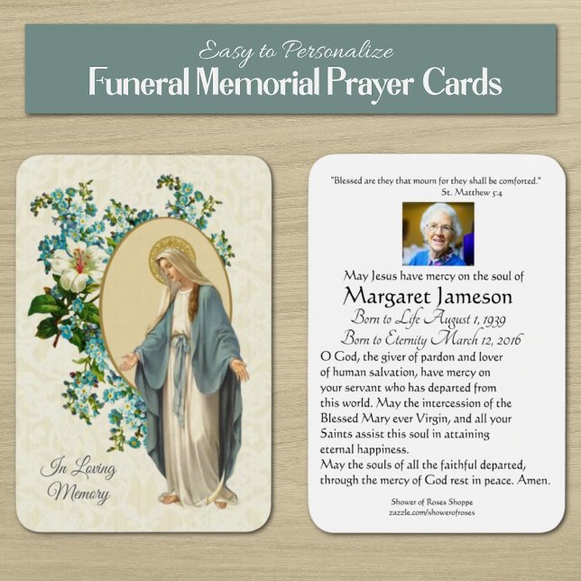 Virgin Mary Catholic Funeral Memorial Holy Card - (Easy to personalize Blessed Virgin Mary Catholic Funeral Memorial Prayer Cards)