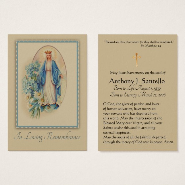 Virgin Mary Catholic Funeral Memorial Holy Card (Front & Back)