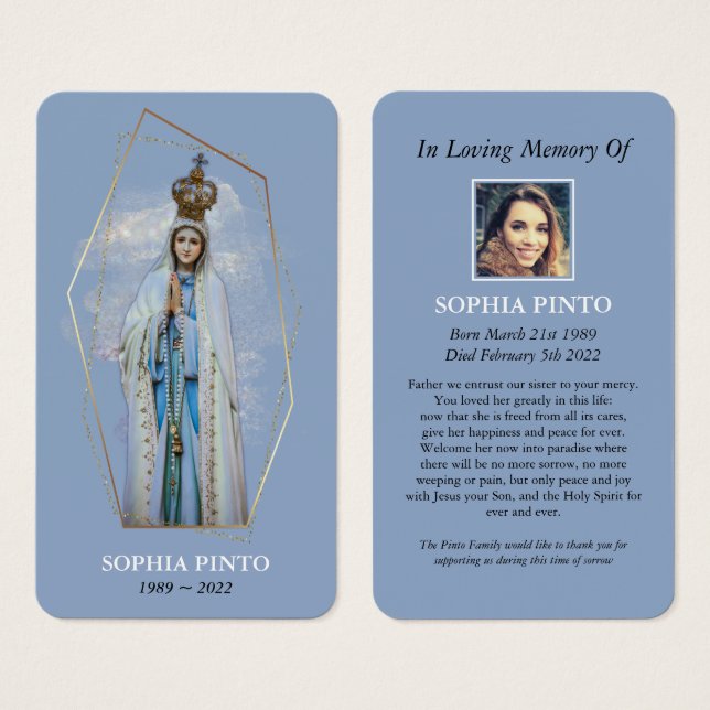 Virgin Mary Catholic Funeral Memorial Prayer Card (Front & Back)
