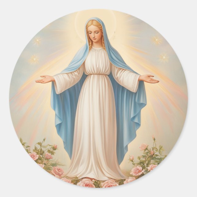 Virgin Mary Catholic Religious Mother Mary Floral Classic Round Sticker (Front)