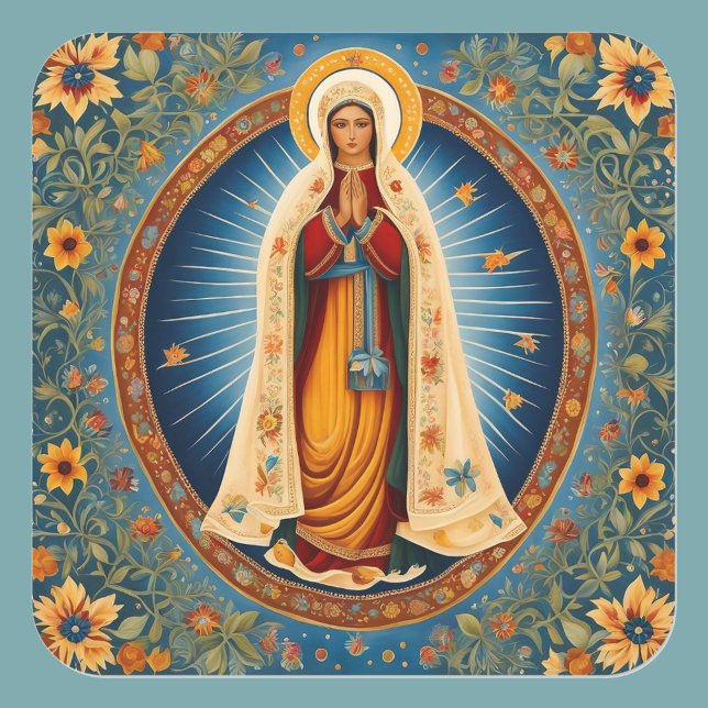 Virgin Mary Halo Folk Art Blue Warm White Floral Square Sticker (Creator Uploaded)