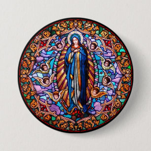 Virgin Mary in Blue Robe Replica Stained Glass 7.5 Cm Round Badge