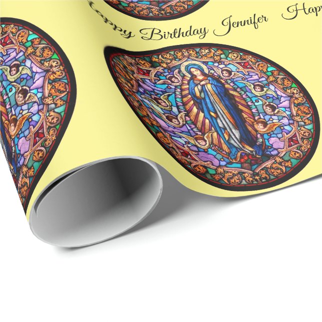Virgin Mary in Blue Robe Replica Stained Glass Wrapping Paper (Roll Corner)