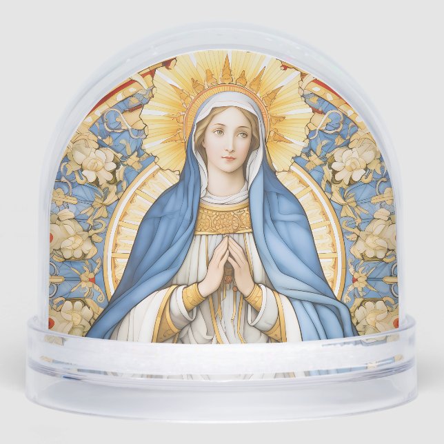 Virgin Mary in Blues and Golds Flower Frame Snowglobe (Front)