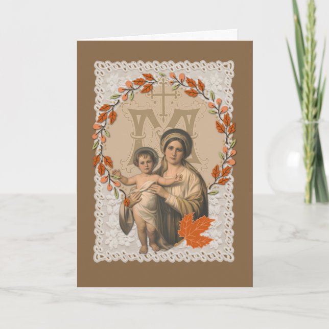 Virgin Mary Jesus Catholic Thanksgiving Autumn Hol Holiday Card (Front)