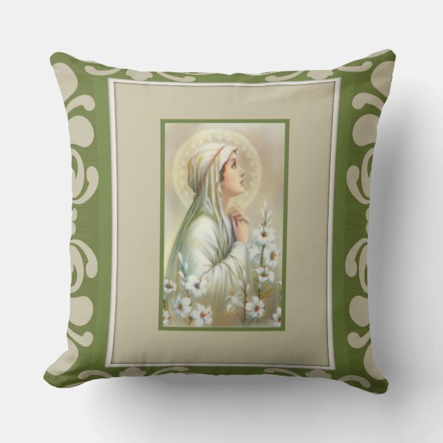 Virgin Mary Lady  Mental Peace Lilies Green Decor Cushion (Front)