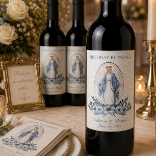 Virgin Mary Lady of Grace Blue Floral Lace Wine Label