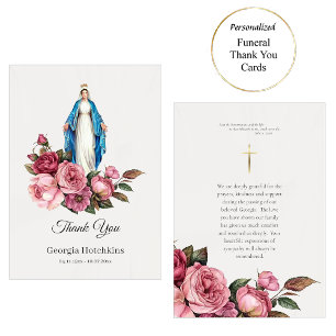Virgin Mary Large Red Roses Catholic Funeral Thank You Card
