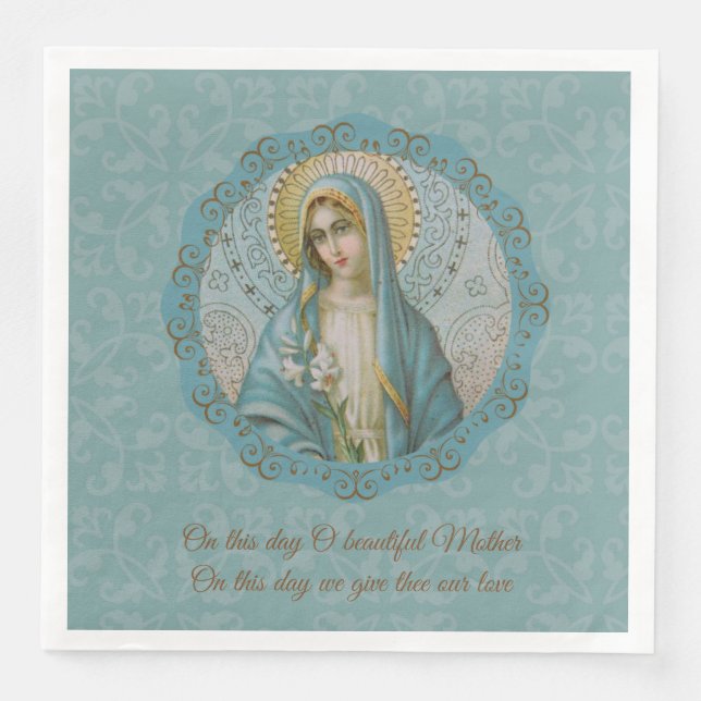 Virgin Mary Lily Blue Turquoise Gold Mother Napkin (Front)
