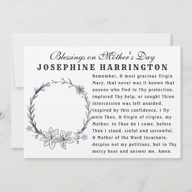 Virgin Mary Mothers Day Catholic Memorare Prayer  Card (Front)