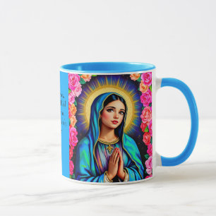 Virgin Mary Prayer Rose Floral Blue Coffee Mug