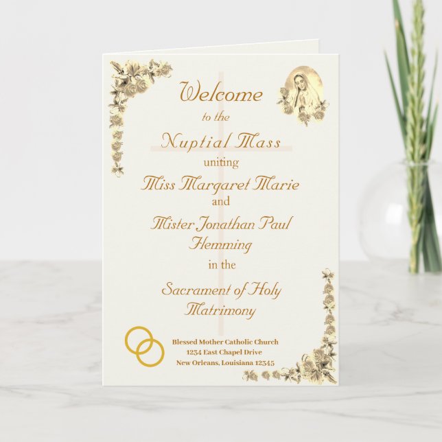 Virgin Mary Sepia Catholic Wedding Program Programme (Front)