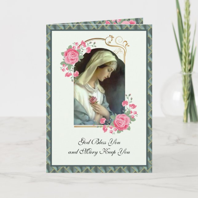 Virgin Mary Vintage Religious Pink Roses Scripture Card (Front)