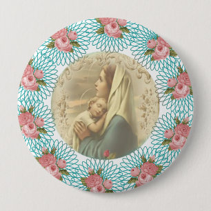 Virgin Mary w/baby Jesus Spirals & roses 10 Cm Round Badge