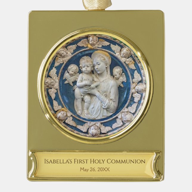 Virgin Mary with Angels Catholic First Communion Gold Plated Banner Ornament (Front)