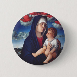 Virgin Mary with Baby Jesus and red cherubs 6 Cm Round Badge